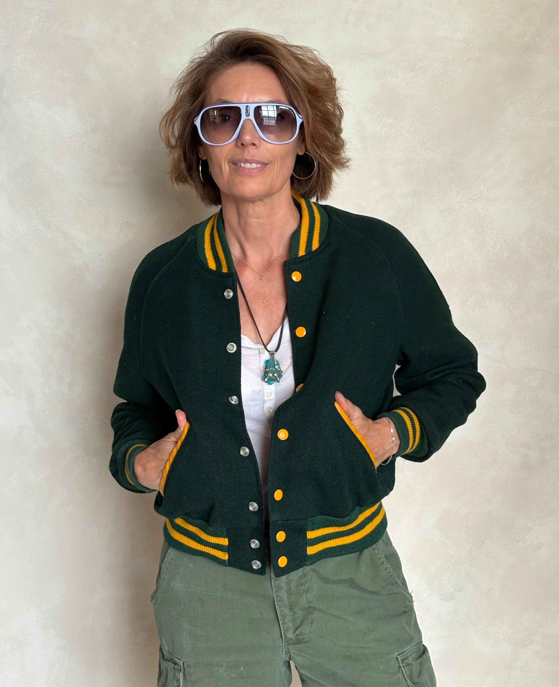 Size 18. Green Vintage 70s varsity jacket Made in USA - USA Vintage Bcn