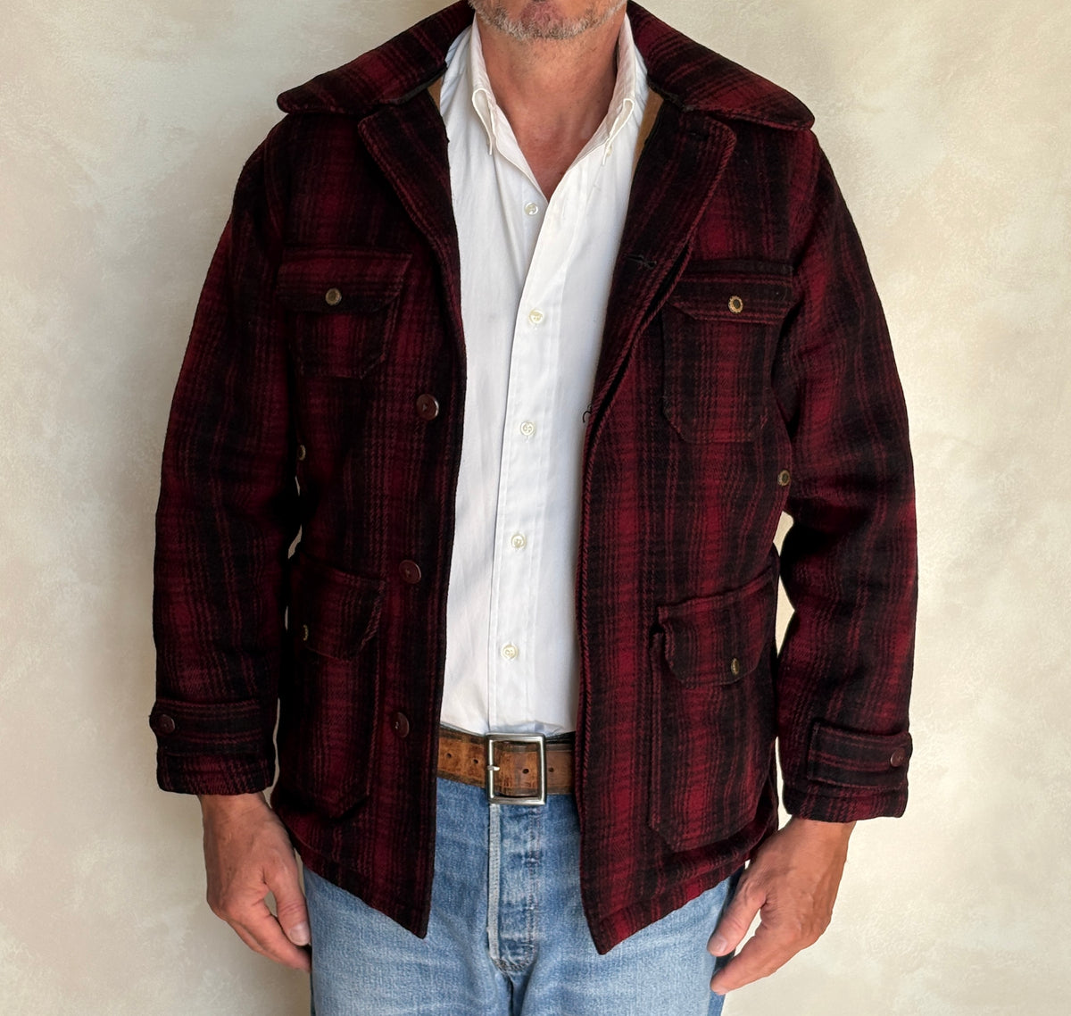 Vintage 1930s Woolrich Red & Black Plaid Wool Hunting Jacket –size 38US / 48EU. Made in USA