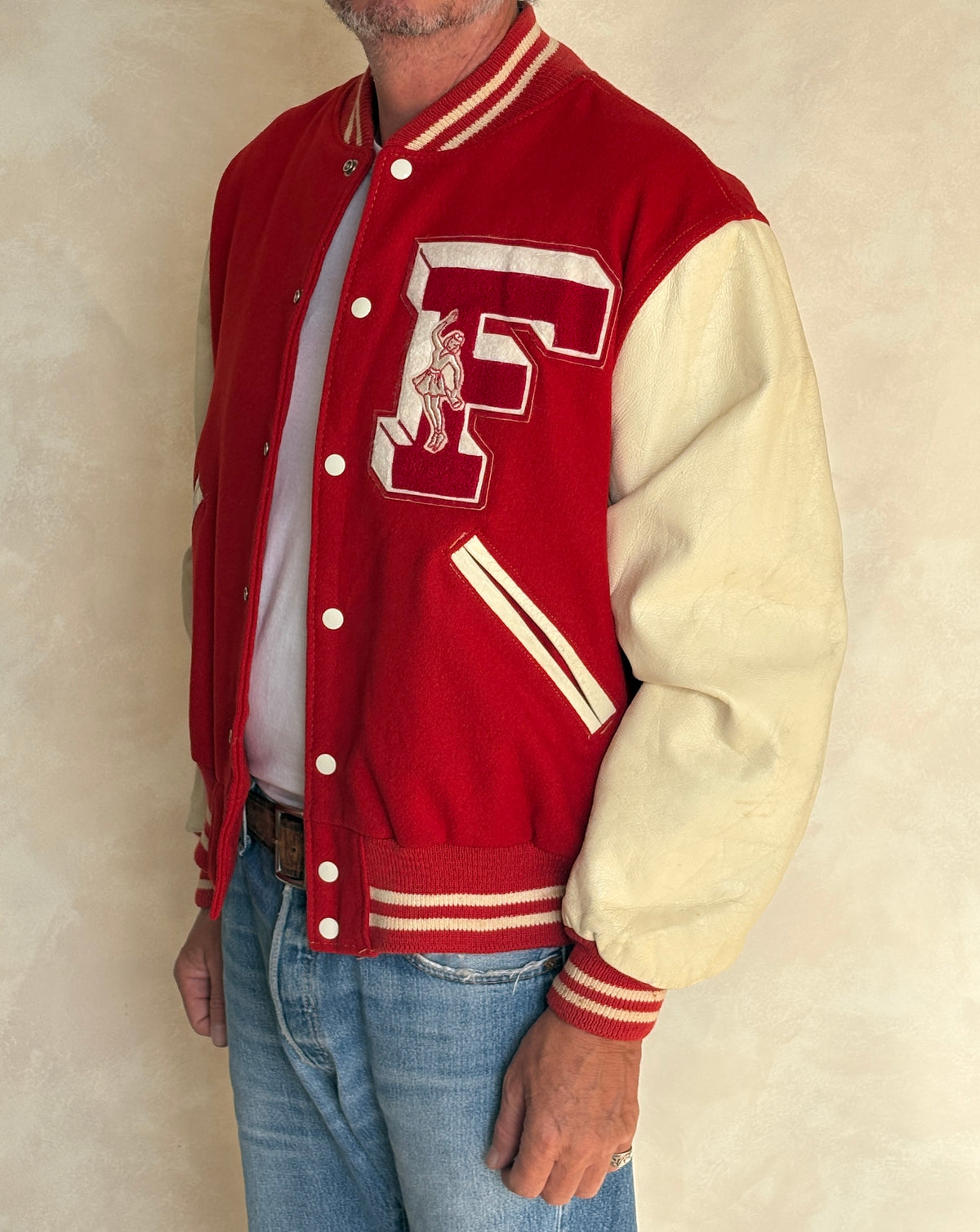 Vintage 70s Wool And Leather Varsity Jacket — Kaye Bros. Chicago — Chenille "F" Patch — Size 44