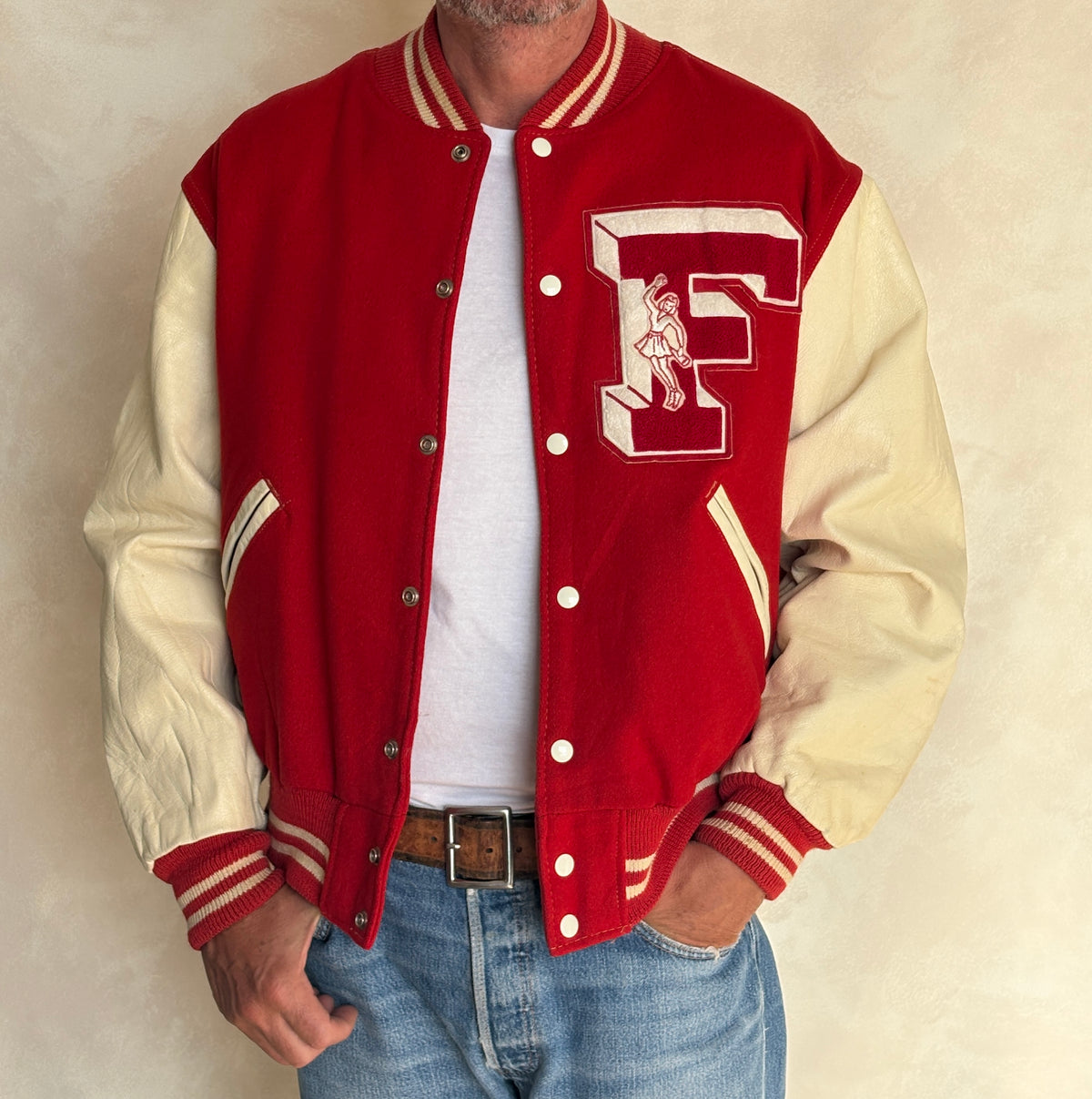 Vintage 70s Wool And Leather Varsity Jacket — Kaye Bros. Chicago — Chenille "F" Patch — Size 44
