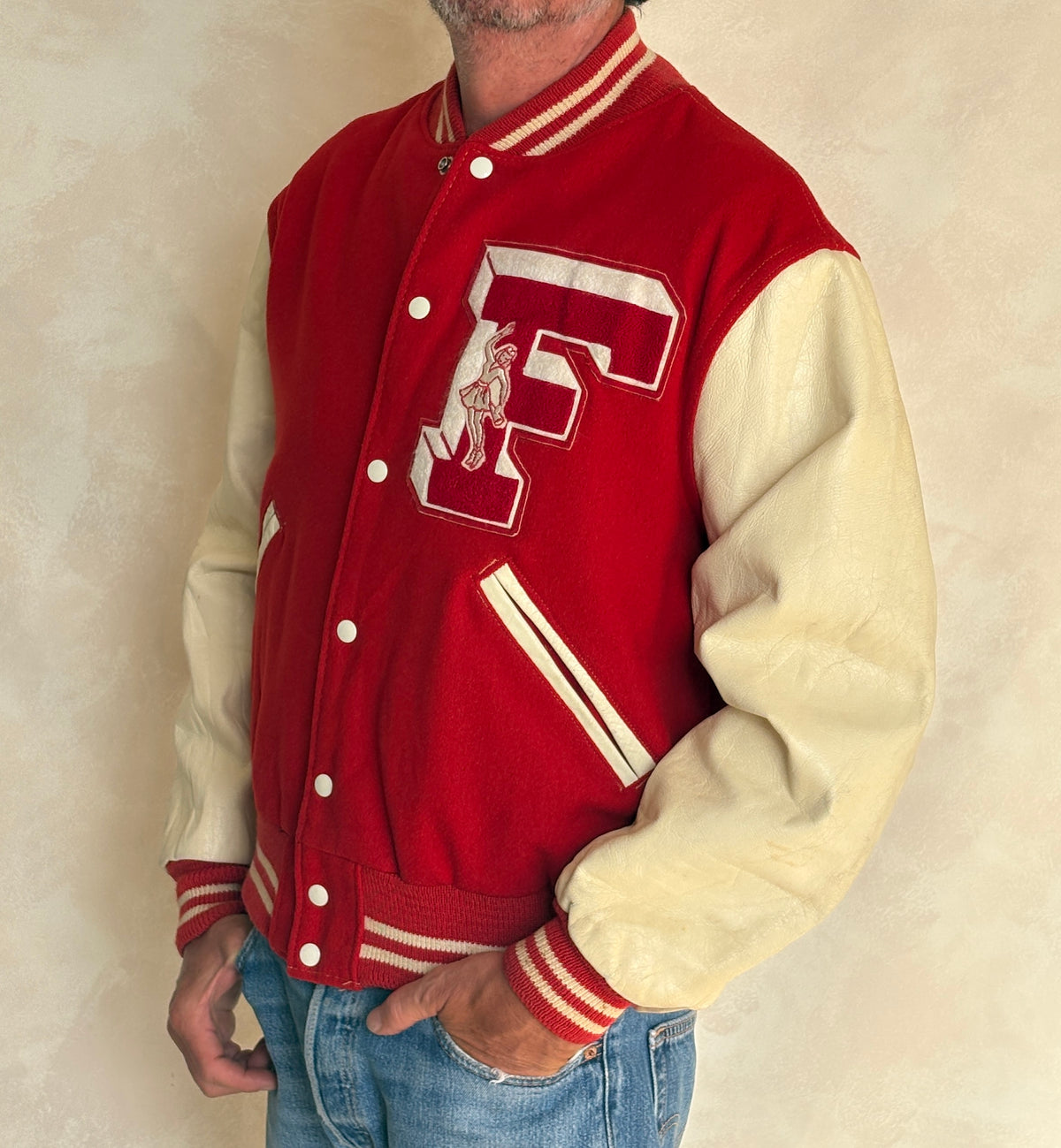 Vintage 70s Wool And Leather Varsity Jacket — Kaye Bros. Chicago — Chenille "F" Patch — Size 44