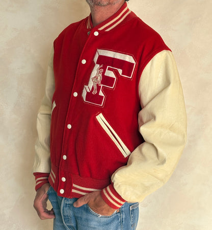 Vintage 70s Wool And Leather Varsity Jacket — Kaye Bros. Chicago — Chenille "F" Patch — Size 44