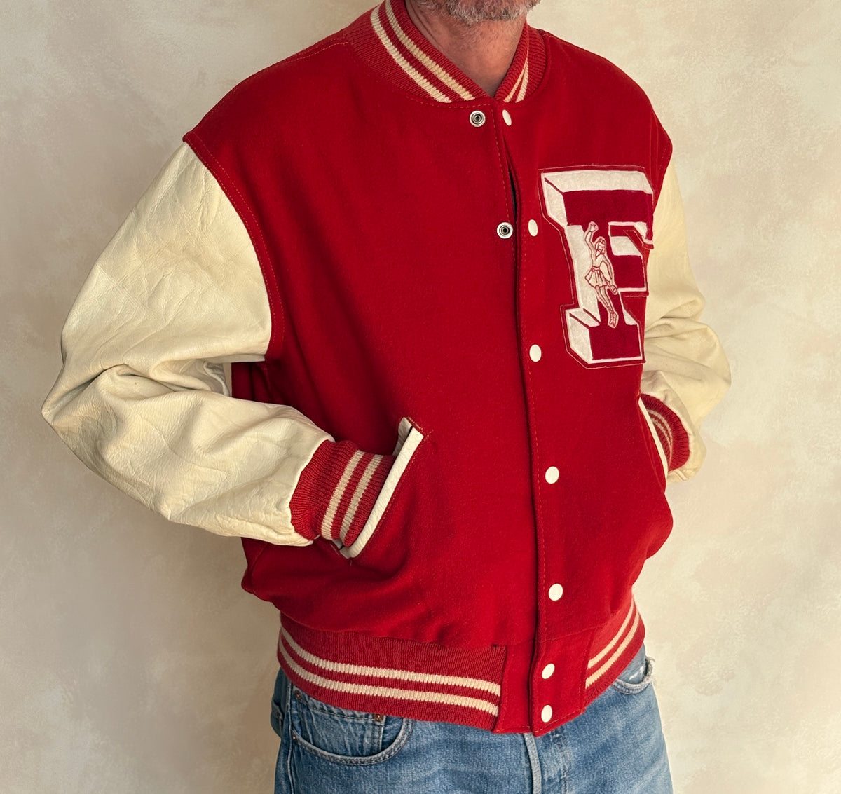 Vintage 70s Wool And Leather Varsity Jacket — Kaye Bros. Chicago — Chenille "F" Patch — Size 44