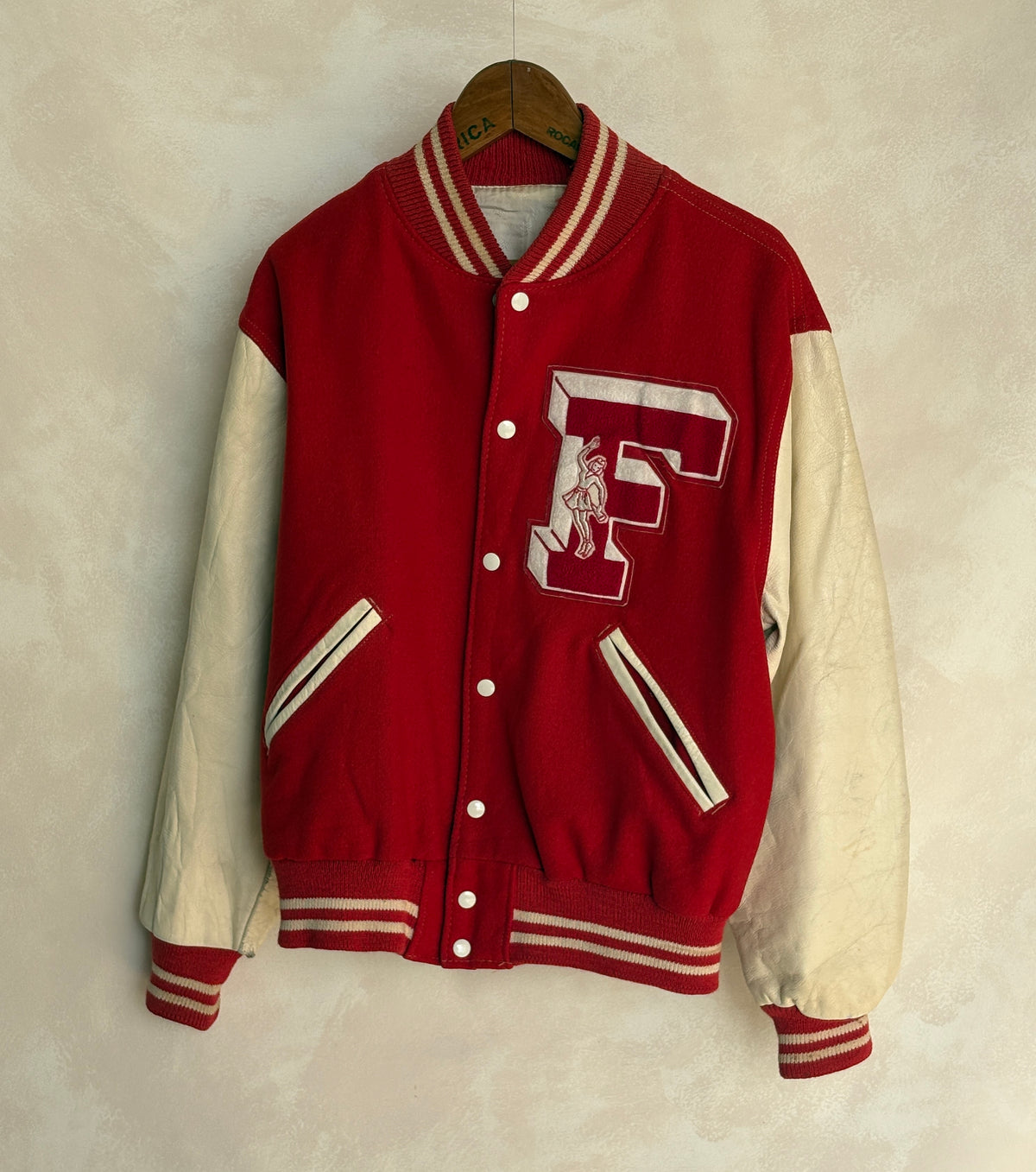 Vintage 70s Wool And Leather Varsity Jacket — Kaye Bros. Chicago — Chenille "F" Patch — Size 44