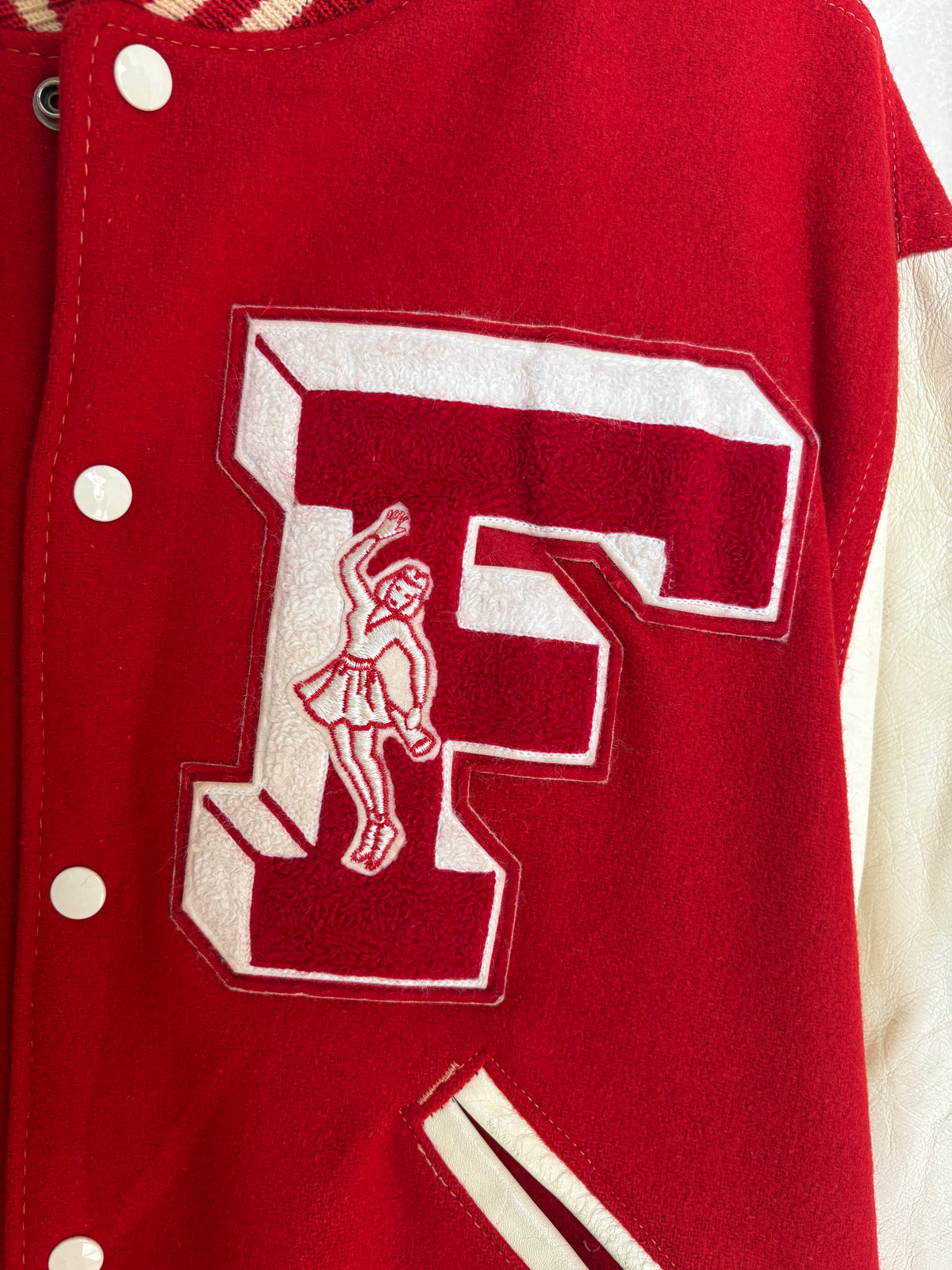 Vintage 70s Wool And Leather Varsity Jacket — Kaye Bros. Chicago — Chenille "F" Patch — Size 44