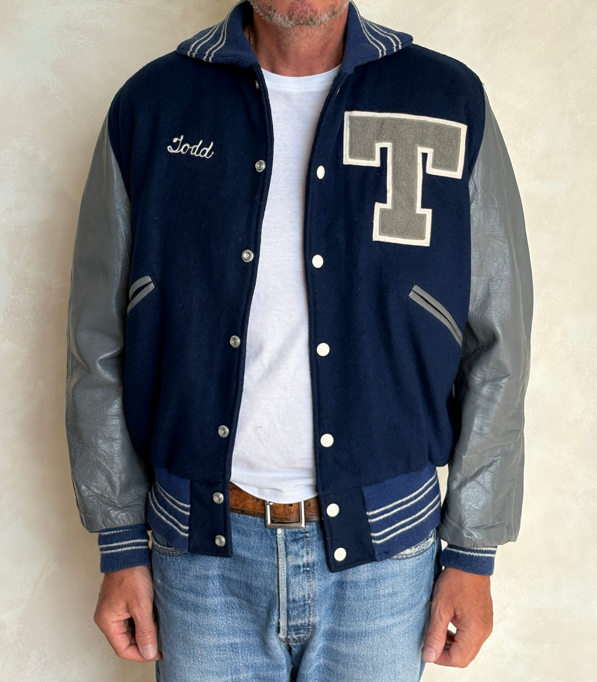 Vintage 70s  Wool And Leather Varsity Jacket — Butwin "Todd" Chenille "T" Patch — Made In USA — Size 44
