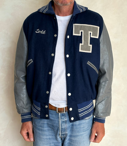 Vintage 70s  Wool And Leather Varsity Jacket — Butwin "Todd" Chenille "T" Patch — Made In USA — Size 44
