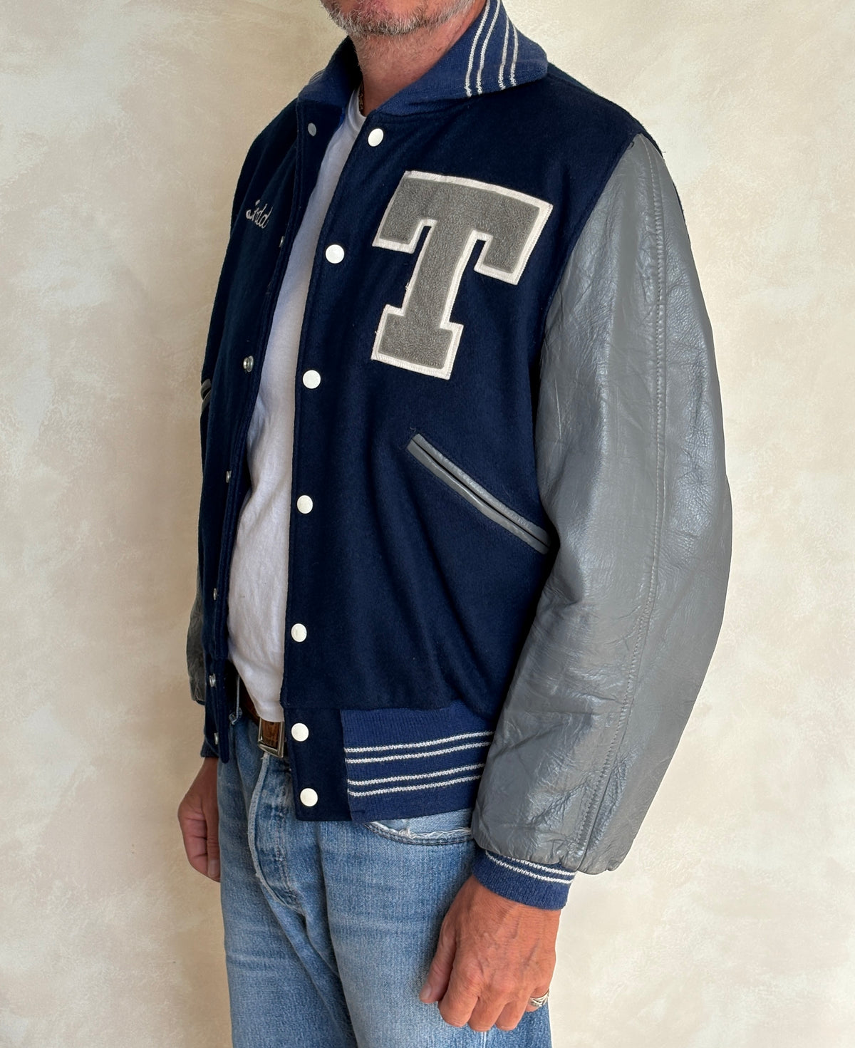 Vintage 70s  Wool And Leather Varsity Jacket — Butwin "Todd" Chenille "T" Patch — Made In USA — Size 44