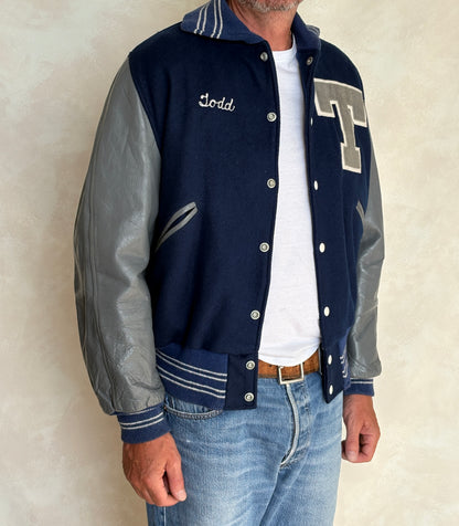 Vintage 70s  Wool And Leather Varsity Jacket — Butwin "Todd" Chenille "T" Patch — Made In USA — Size 44
