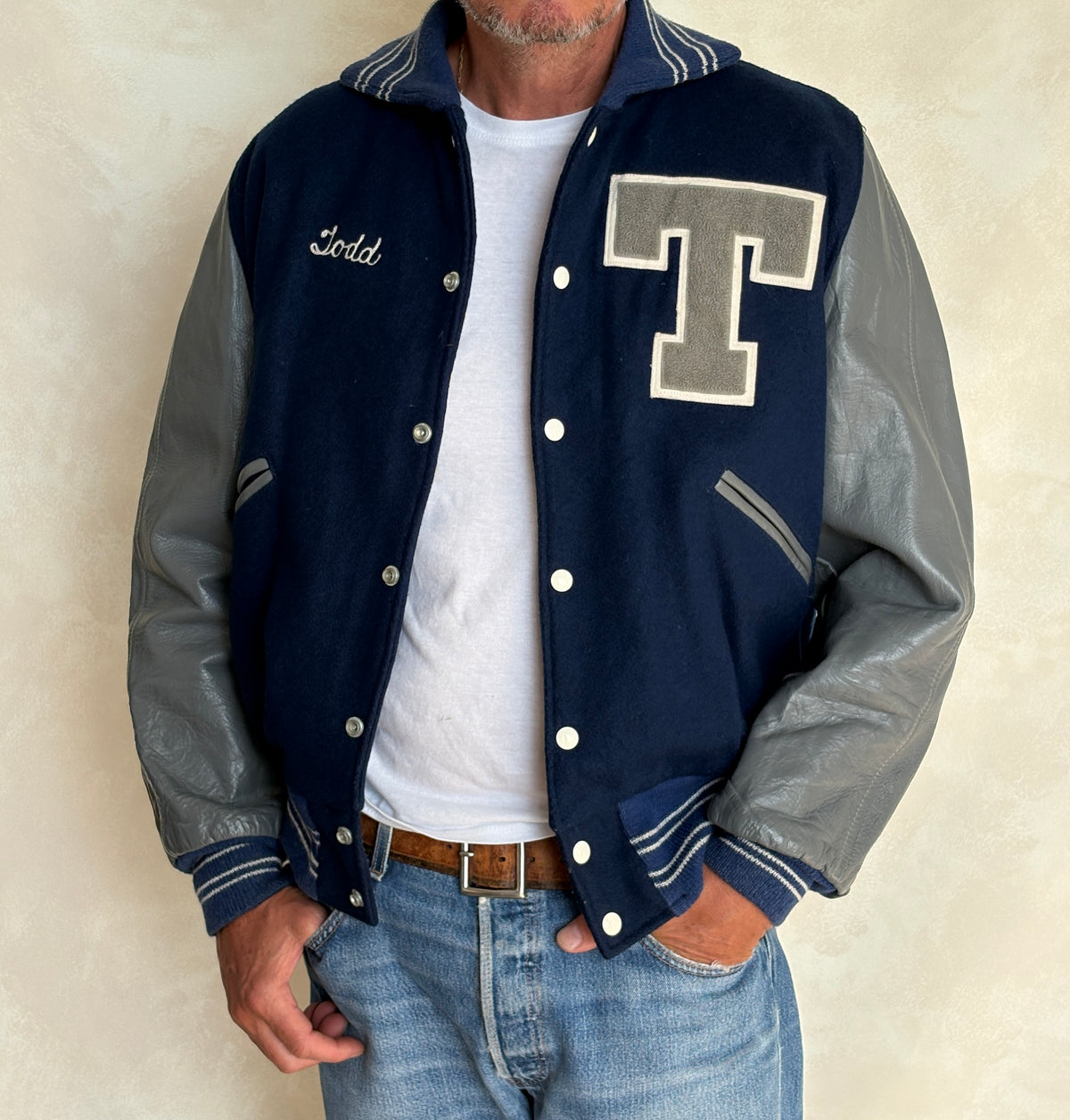 Vintage 70s  Wool And Leather Varsity Jacket — Butwin "Todd" Chenille "T" Patch — Made In USA — Size 44