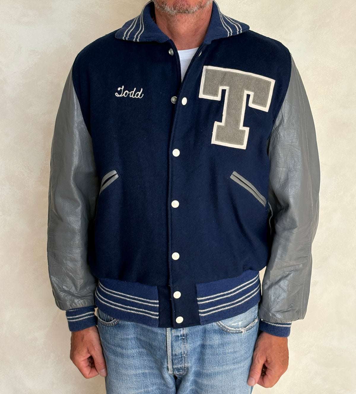 Vintage 70s  Wool And Leather Varsity Jacket — Butwin "Todd" Chenille "T" Patch — Made In USA — Size 44