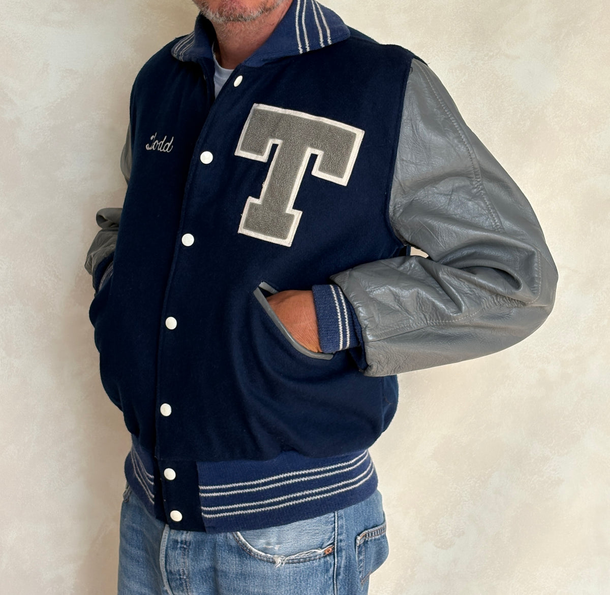 Vintage 70s  Wool And Leather Varsity Jacket — Butwin "Todd" Chenille "T" Patch — Made In USA — Size 44