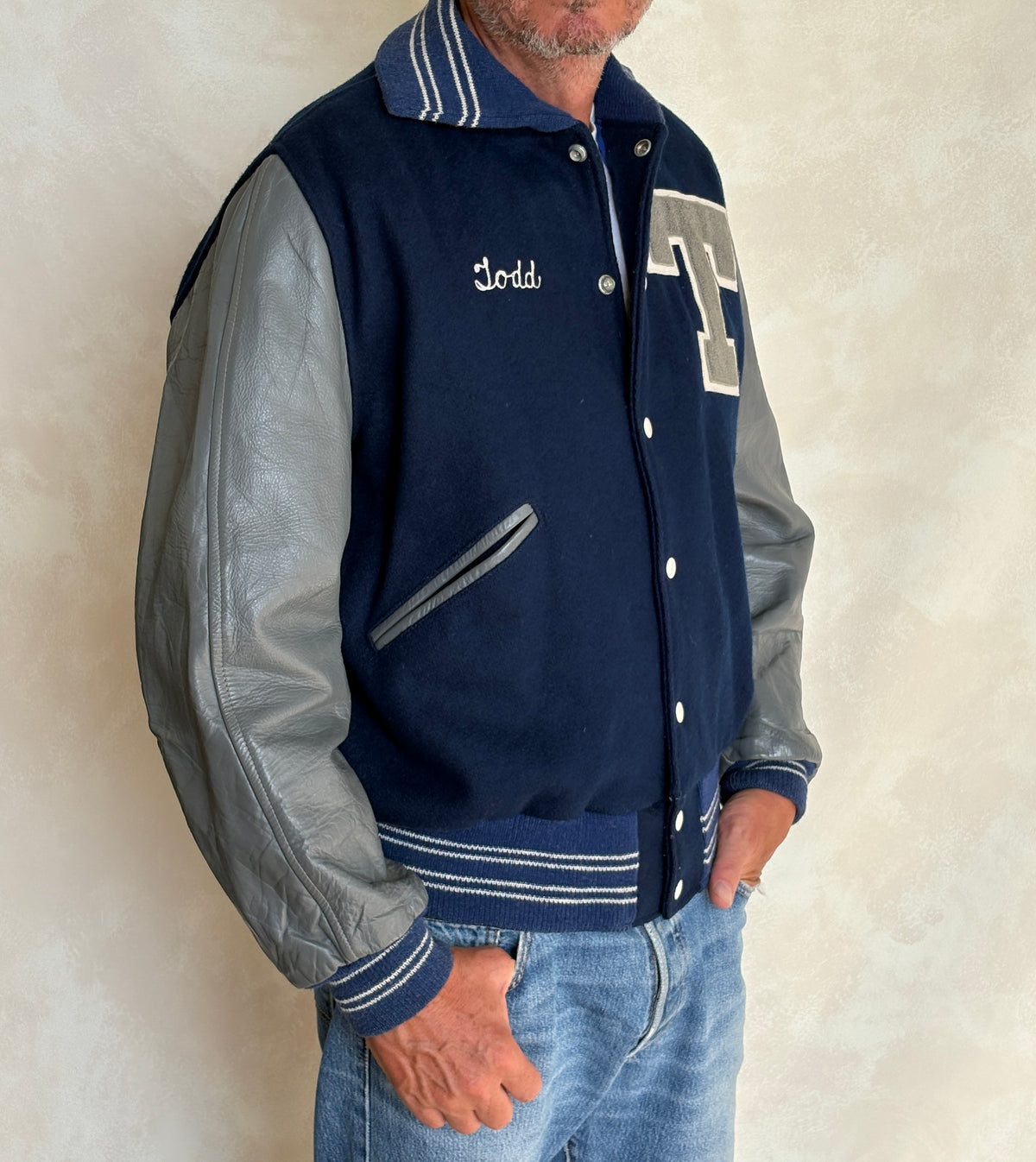 Vintage 70s  Wool And Leather Varsity Jacket — Butwin "Todd" Chenille "T" Patch — Made In USA — Size 44