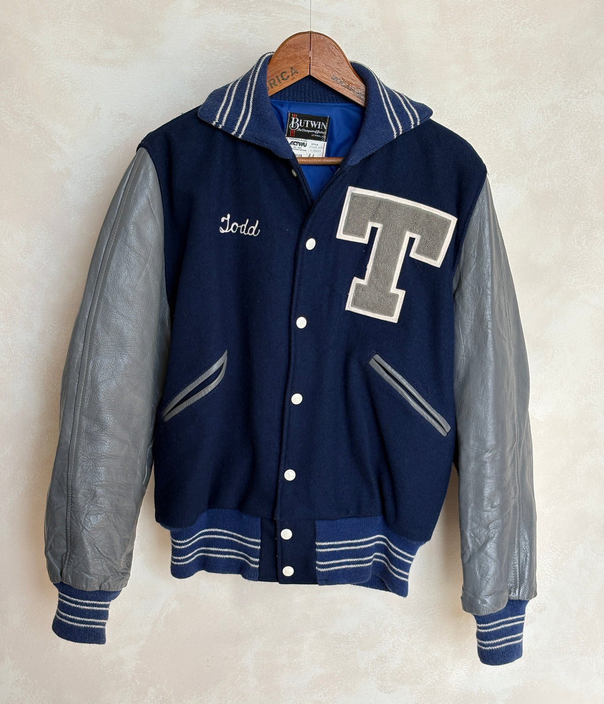Vintage 70s  Wool And Leather Varsity Jacket — Butwin "Todd" Chenille "T" Patch — Made In USA — Size 44