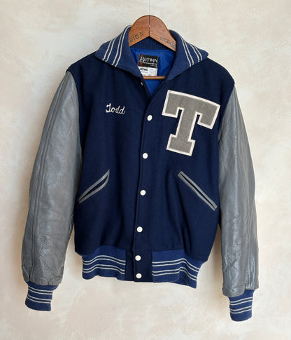 Vintage 70s  Wool And Leather Varsity Jacket — Butwin "Todd" Chenille "T" Patch — Made In USA — Size 44