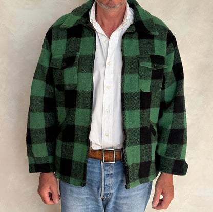Distressed Vintage 60s Green & Black Buffalo Plaid Wool Jacket, Size Large