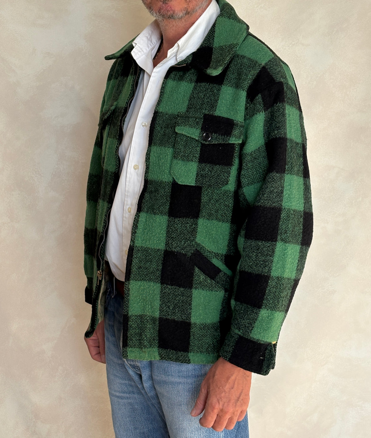 Distressed Vintage 60s Green & Black Buffalo Plaid Wool Jacket, Size Large