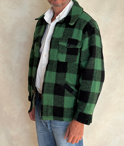 Distressed Vintage 60s Green & Black Buffalo Plaid Wool Jacket, Size Large