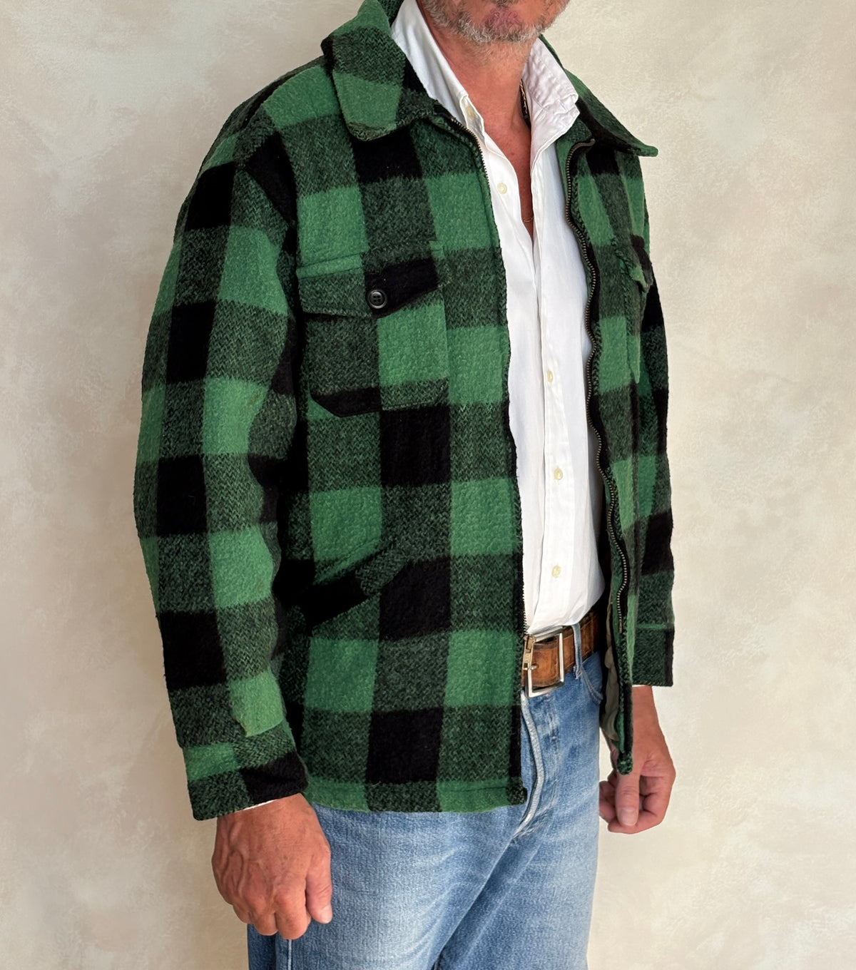 Distressed Vintage 60s Green & Black Buffalo Plaid Wool Jacket, Size Large