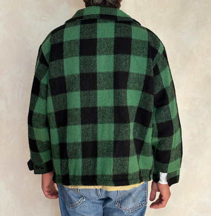Distressed Vintage 60s Green & Black Buffalo Plaid Wool Jacket, Size Large