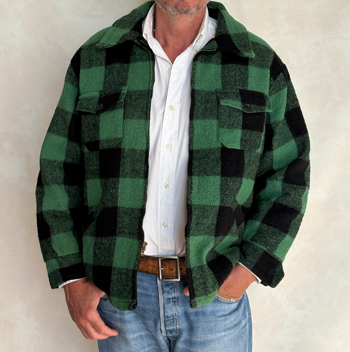 Distressed Vintage 60s Green & Black Buffalo Plaid Wool Jacket, Size Large