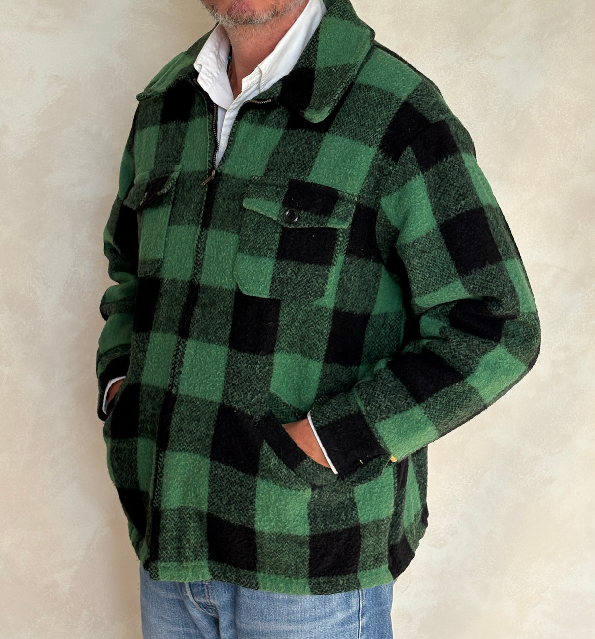 Distressed Vintage 60s Green & Black Buffalo Plaid Wool Jacket, Size Large