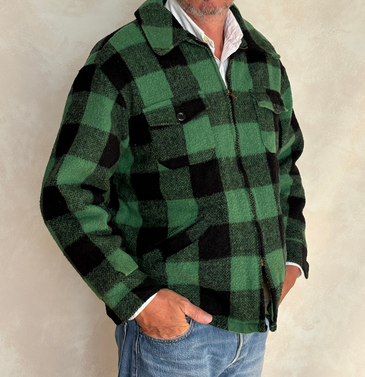 Distressed Vintage 60s Green & Black Buffalo Plaid Wool Jacket, Size Large