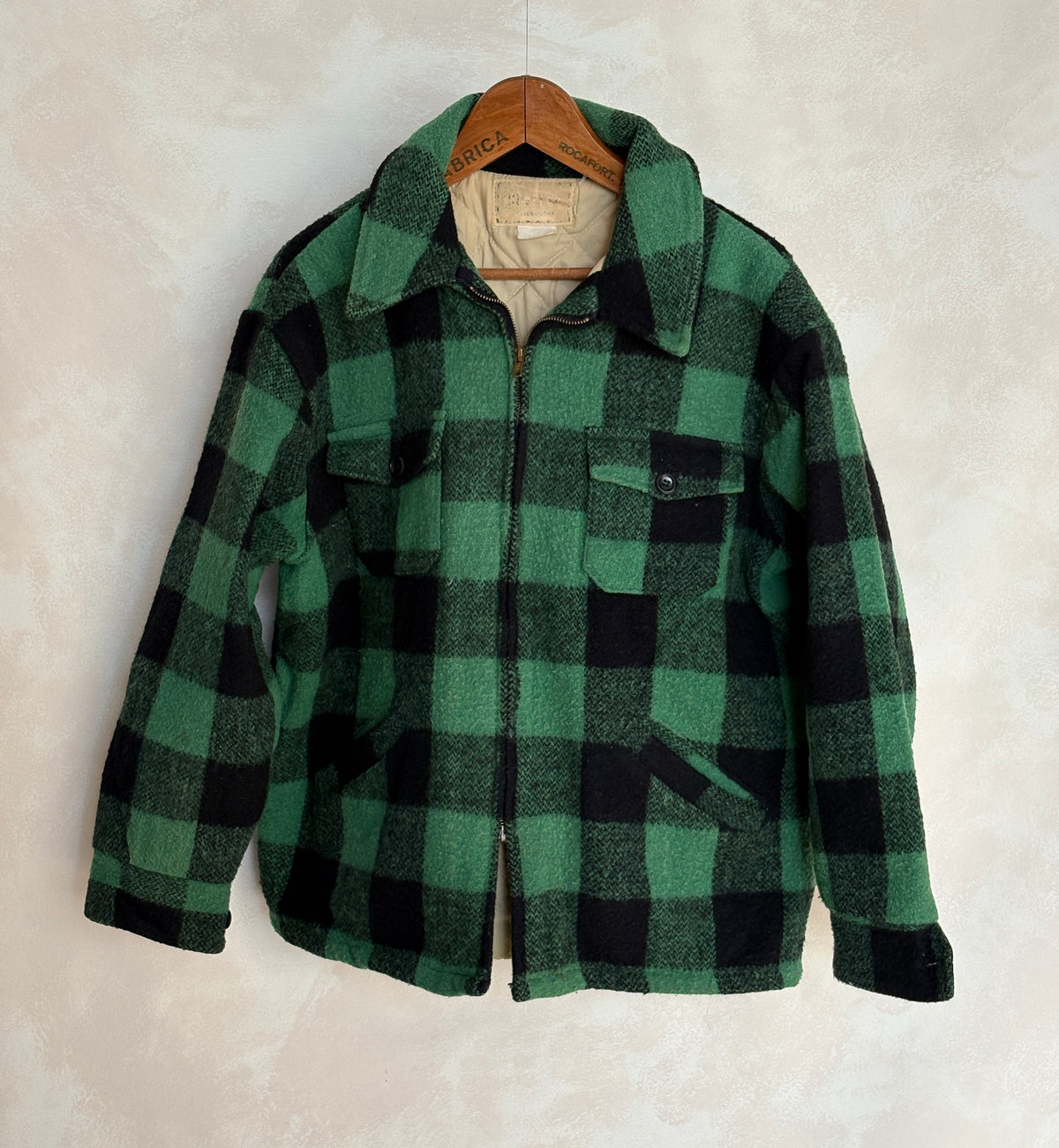 Distressed Vintage 60s Green & Black Buffalo Plaid Wool Jacket, Size Large