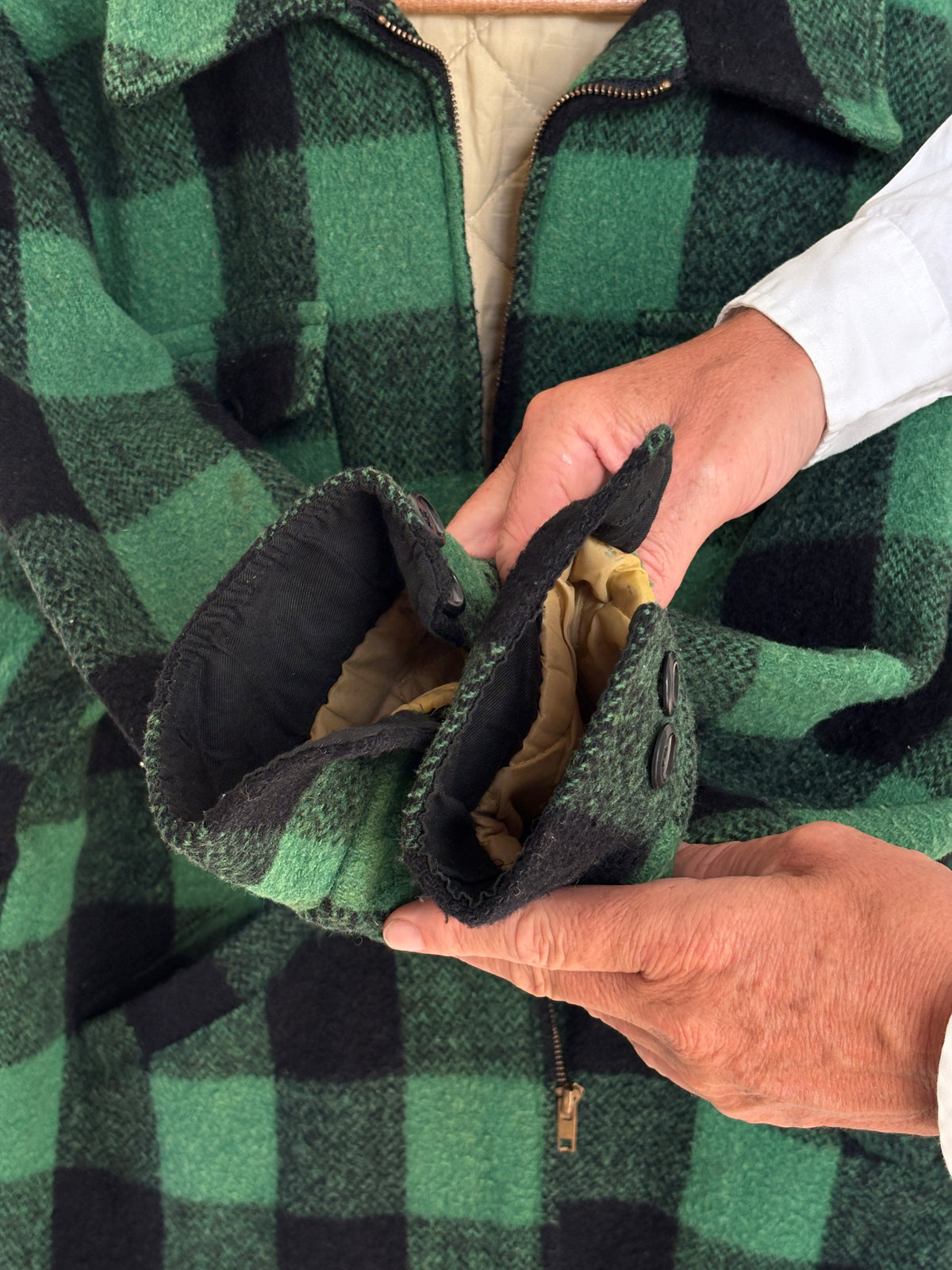 Distressed Vintage 60s Green & Black Buffalo Plaid Wool Jacket, Size Large
