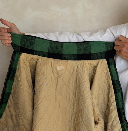 Distressed Vintage 60s Green & Black Buffalo Plaid Wool Jacket, Size Large