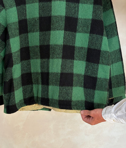 Distressed Vintage 60s Green & Black Buffalo Plaid Wool Jacket, Size Large