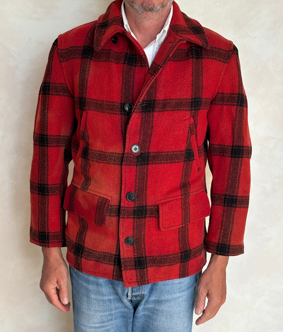 Distressed Vintage 1950s Plaid Wool Hunting Jacket, Made in USA / Size Small