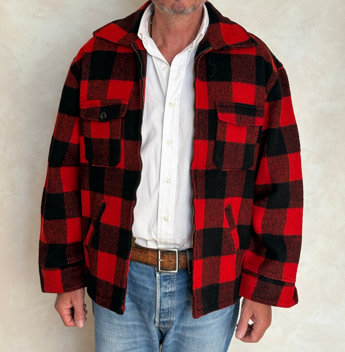 Vintage 1950s Utica N.Y. Wool Jacket Made in USA – Red Black Plaid Zip Workwear.