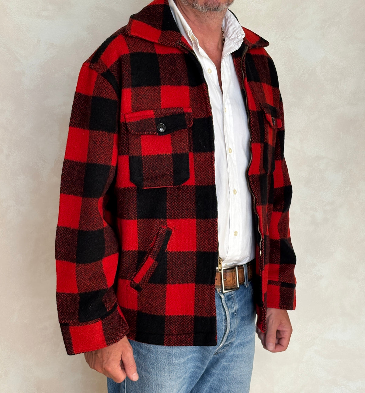 Vintage 1950s Utica N.Y. Wool Jacket Made in USA – Red Black Plaid Zip Workwear.