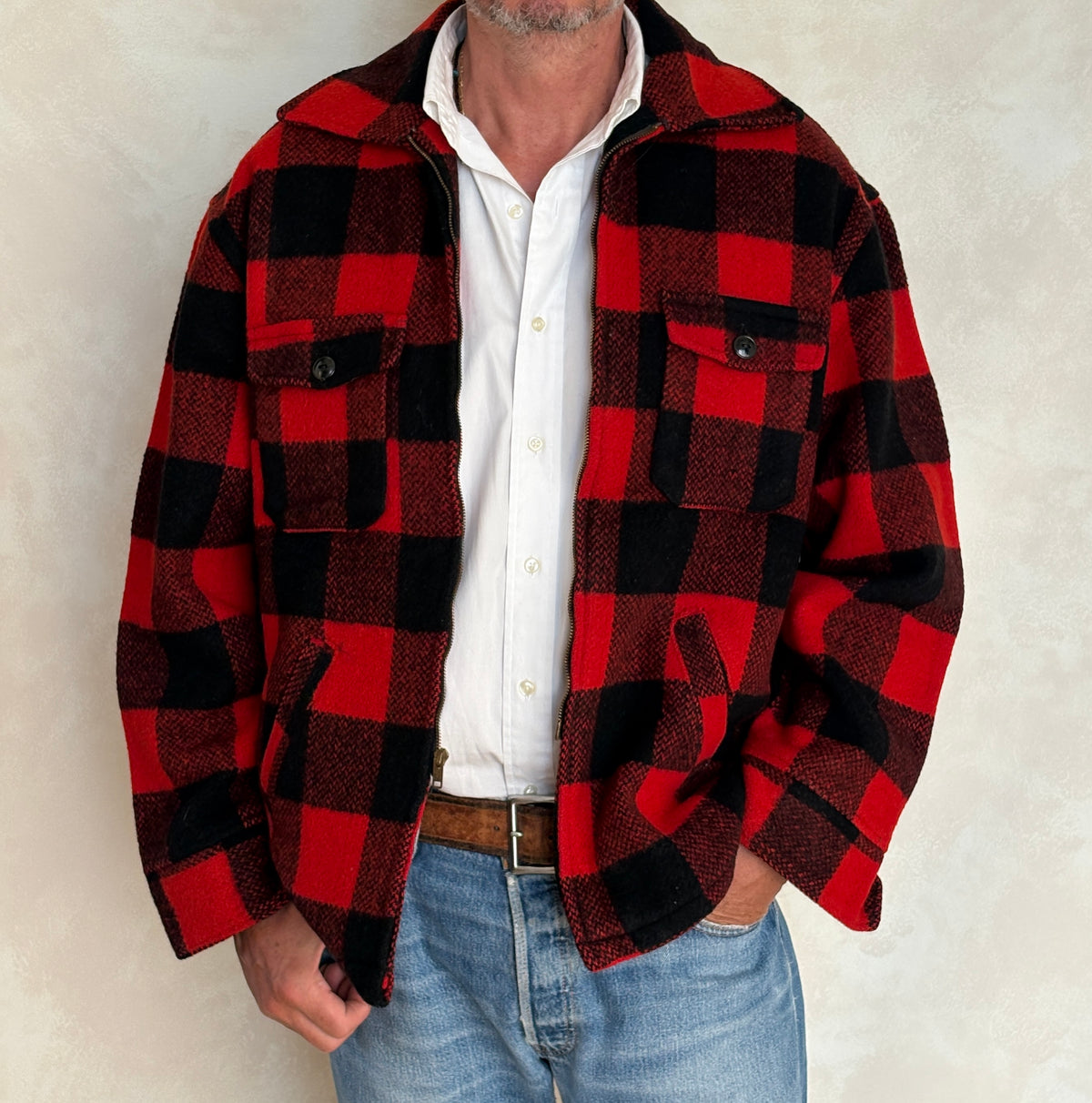 Vintage 1950s Utica N.Y. Wool Jacket Made in USA – Red Black Plaid Zip Workwear.