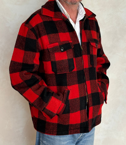 Vintage 1950s Utica N.Y. Wool Jacket Made in USA – Red Black Plaid Zip Workwear.