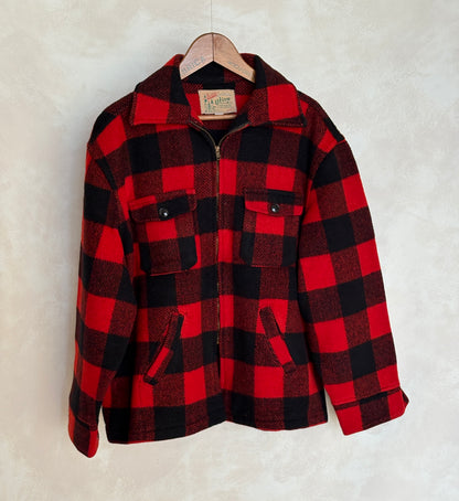 Vintage 1950s Utica N.Y. Wool Jacket Made in USA – Red Black Plaid Zip Workwear.