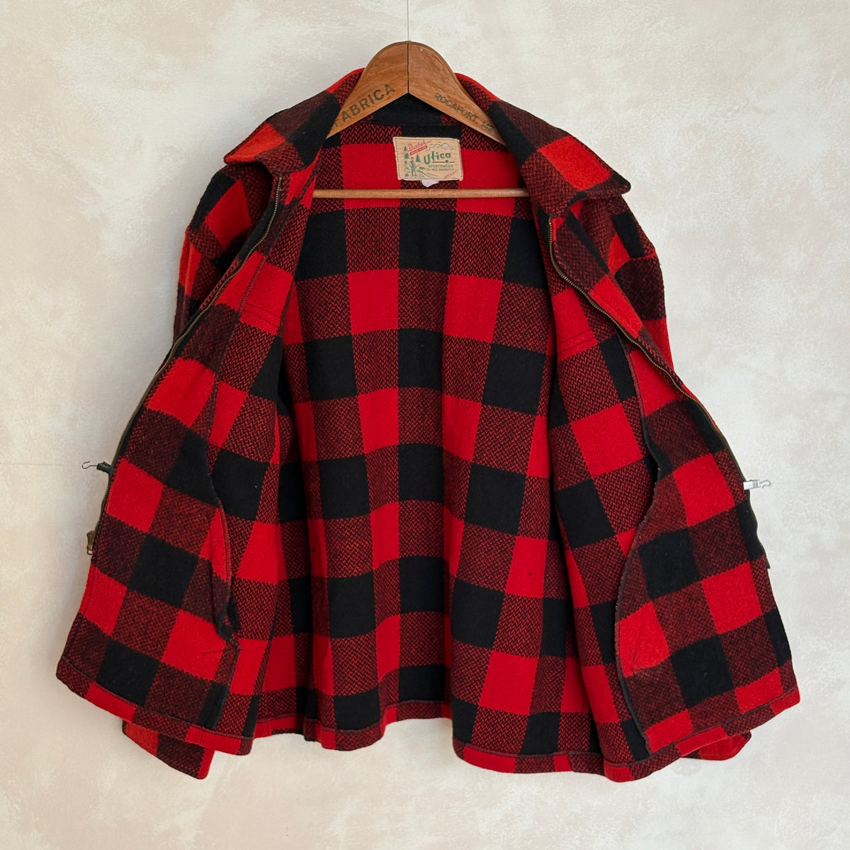 Vintage 1950s Utica N.Y. Wool Jacket Made in USA – Red Black Plaid Zip Workwear.