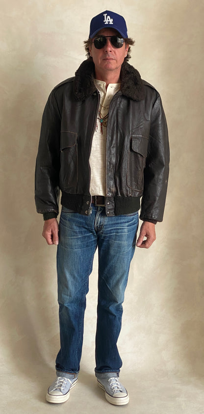 Size Large. Vintage Aviator Flight Jacket – Classic Leather Bomber-Made in USA-AJ357 Studio