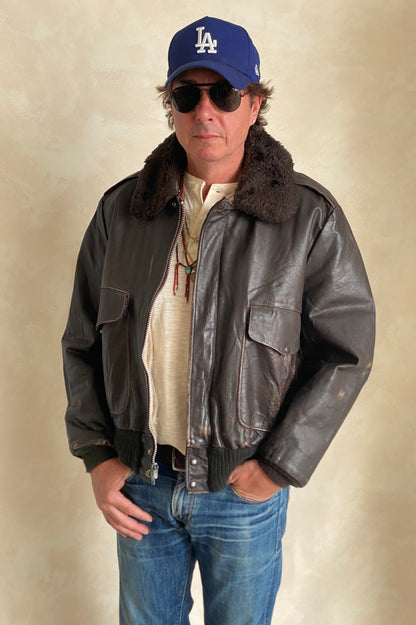 Size Large. Vintage Aviator Flight Jacket – Classic Leather Bomber-Made in USA-AJ357 Studio