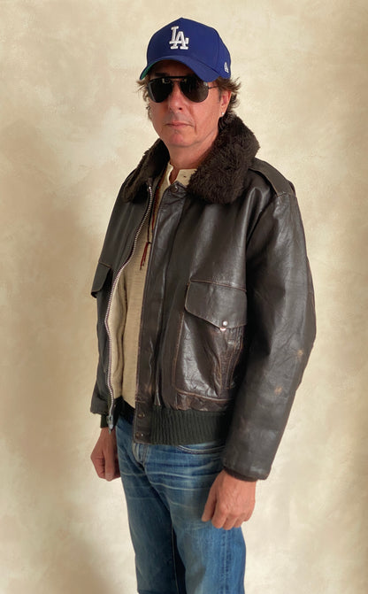 Size Large. Vintage Aviator Flight Jacket – Classic Leather Bomber-Made in USA-AJ357 Studio
