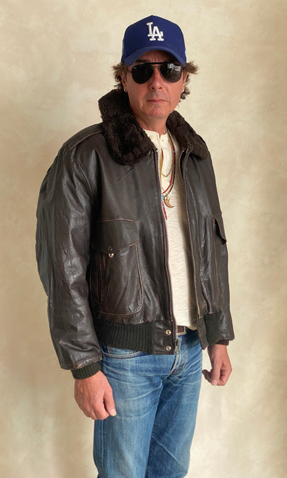 Size Large. Vintage Aviator Flight Jacket – Classic Leather Bomber-Made in USA-AJ357 Studio