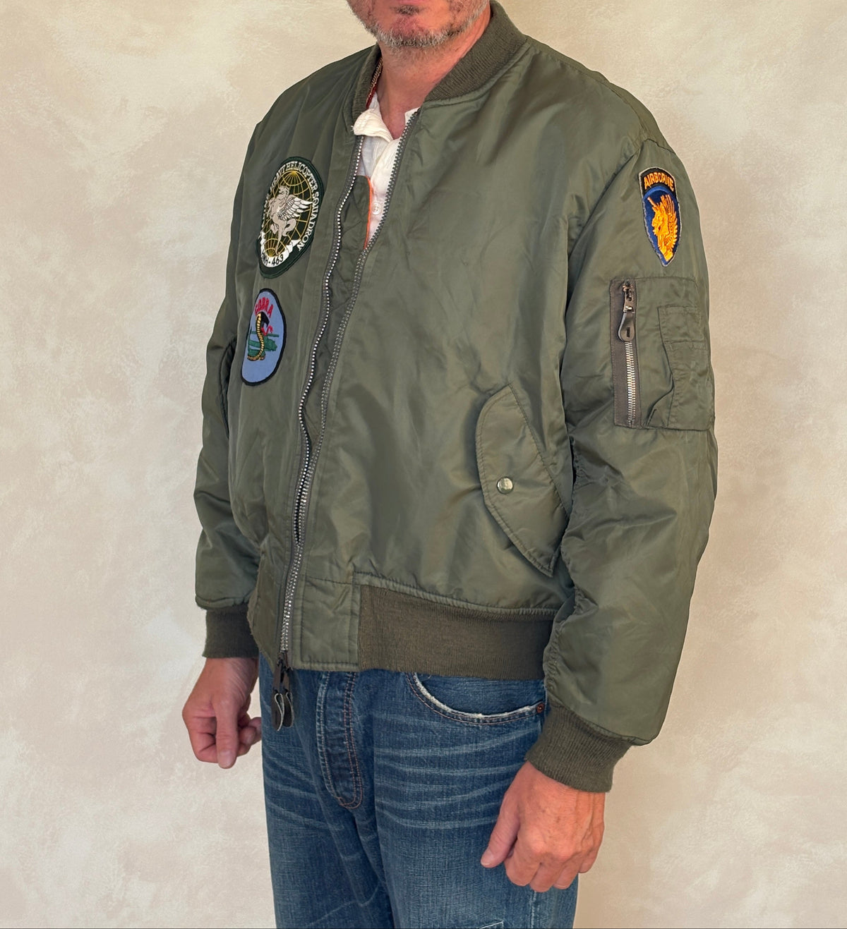 Large . Patched MA1 jacket, flying intermediate type MA-1 Made in USA-AJ357 Studio