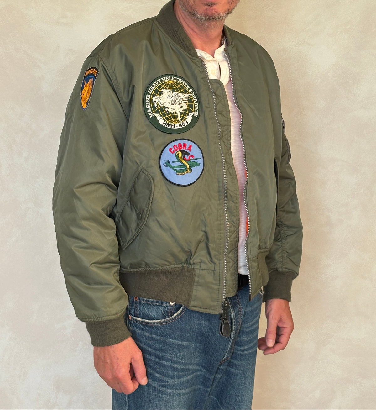 Large . Patched MA1 jacket, flying intermediate type MA-1 Made in USA-AJ357 Studio