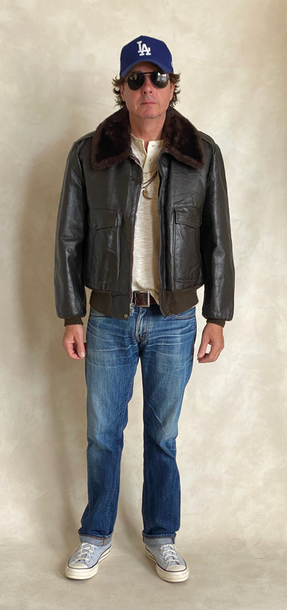 Vintage Aviator Leather Bomber Flight Jacket – Size 44US Regular / 54EU – Classic Style-AJ357 Studio