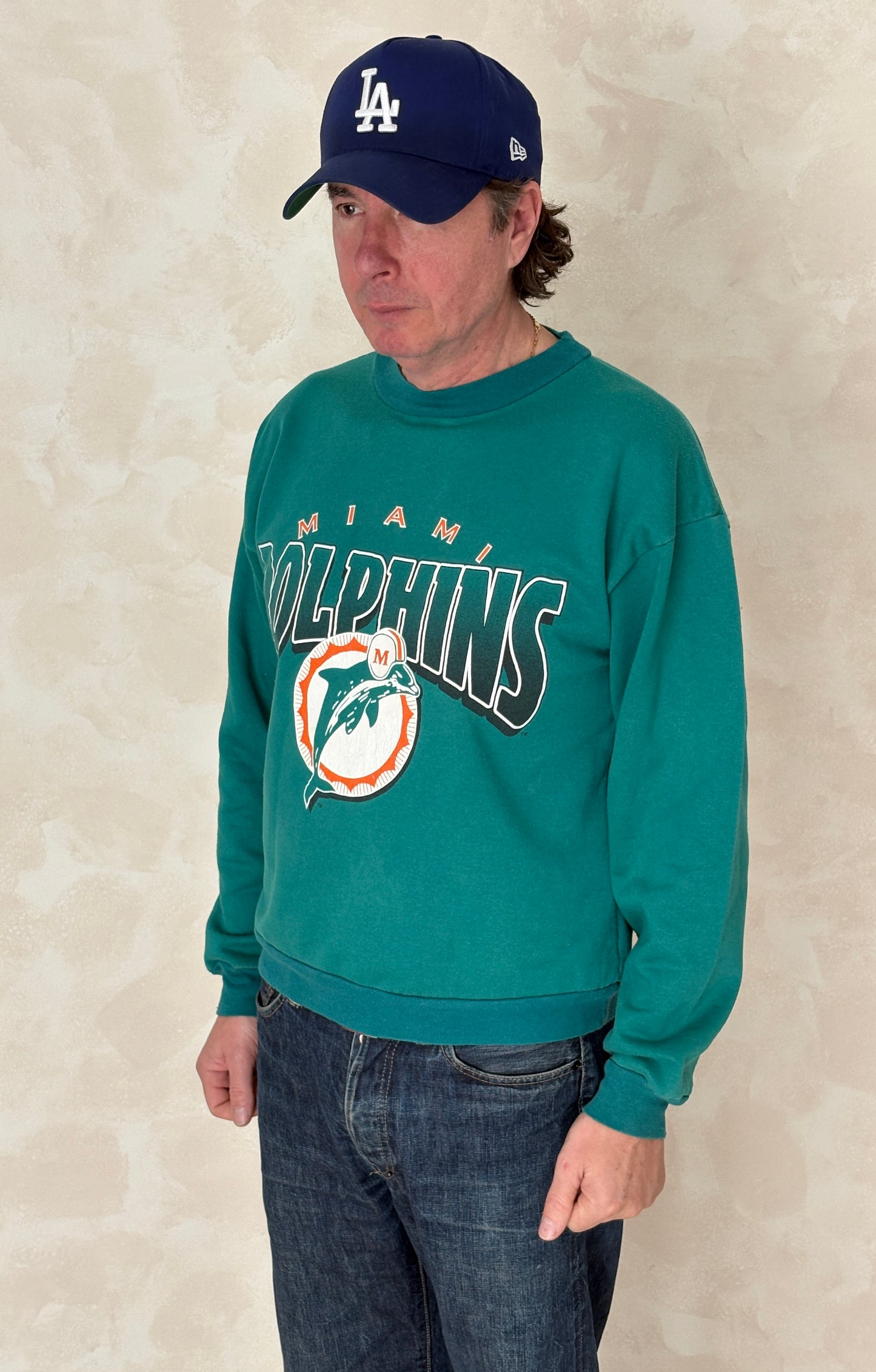Size L Crew Neck Miami Dolphins 1995 Made in USA By True Fan - USA Vintage Bcn