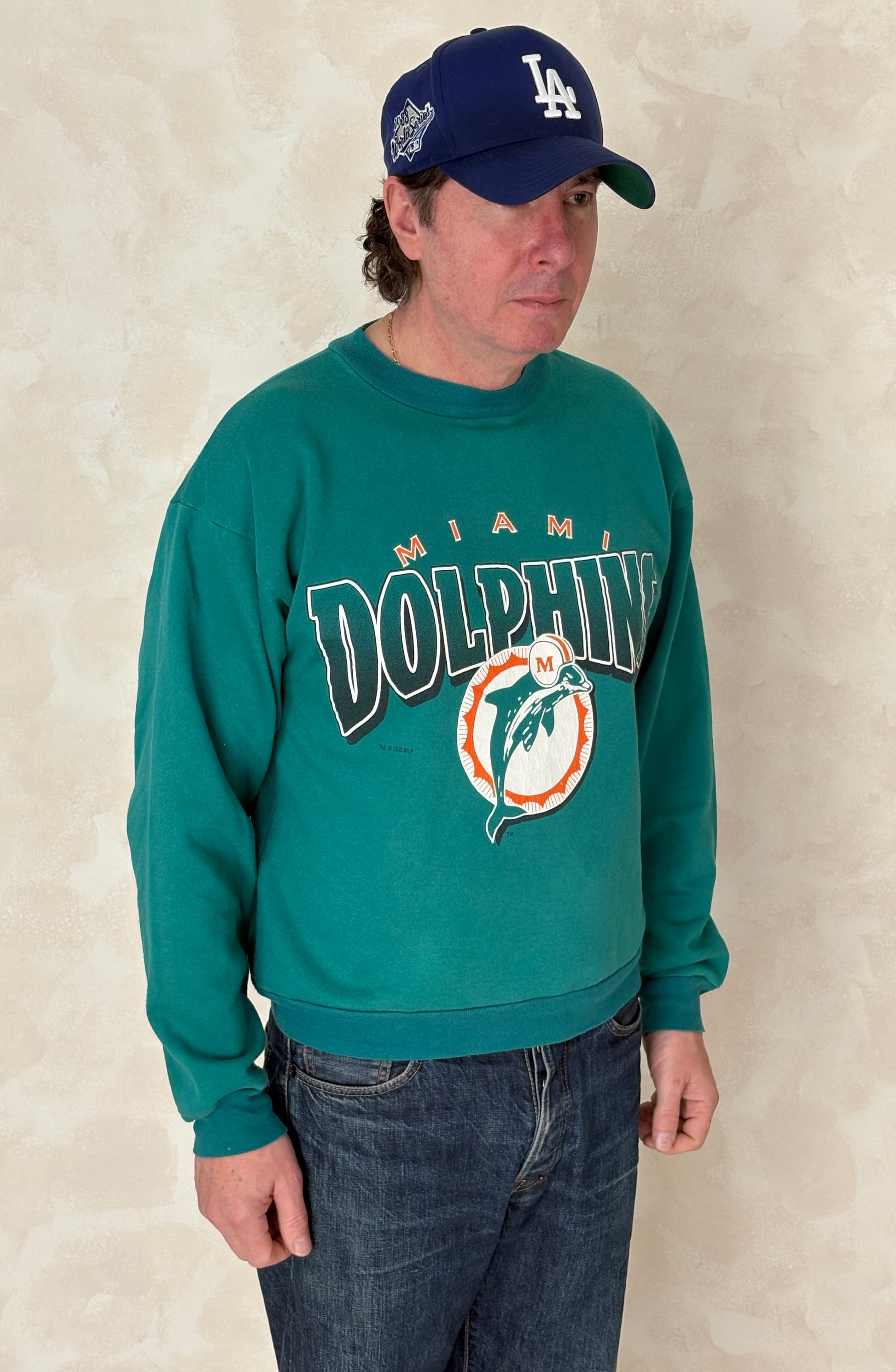 Size L Crew Neck Miami Dolphins 1995 Made in USA By True Fan - USA Vintage Bcn