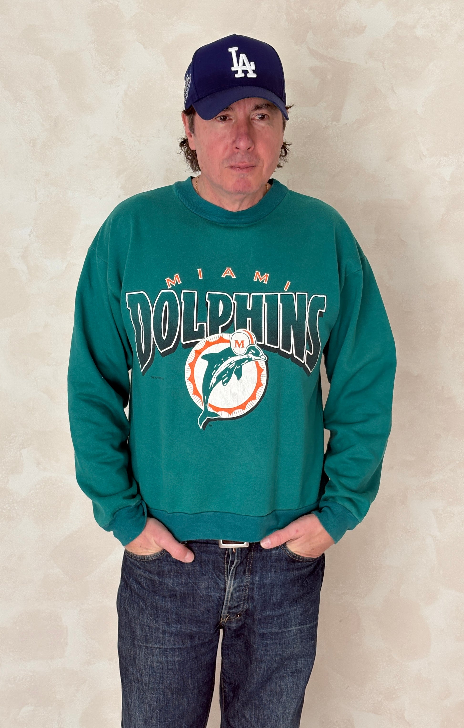 Size L Crew Neck Miami Dolphins 1995 Made in USA By True Fan - USA Vintage Bcn