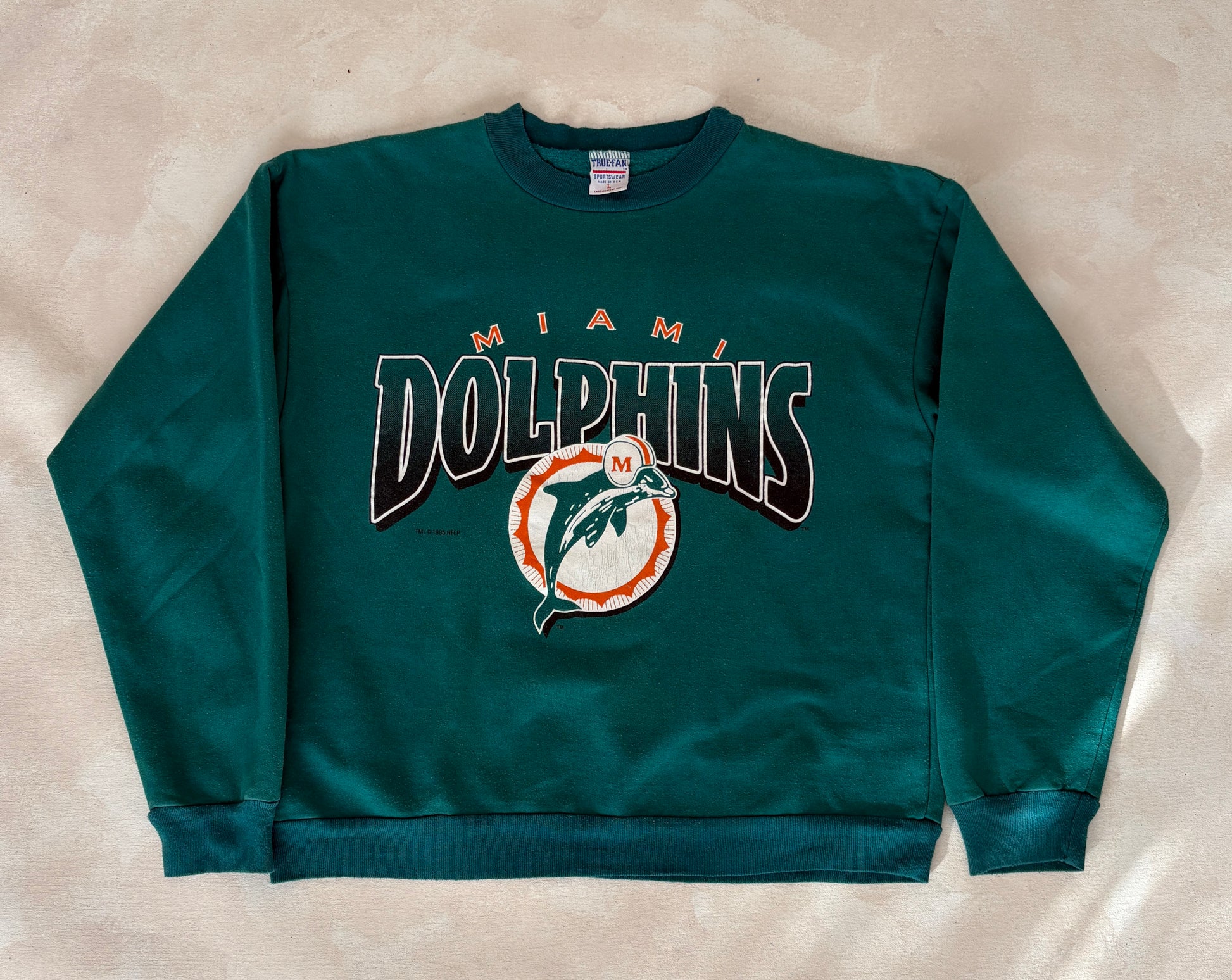 Size L Crew Neck Miami Dolphins 1995 Made in USA By True Fan - USA Vintage Bcn
