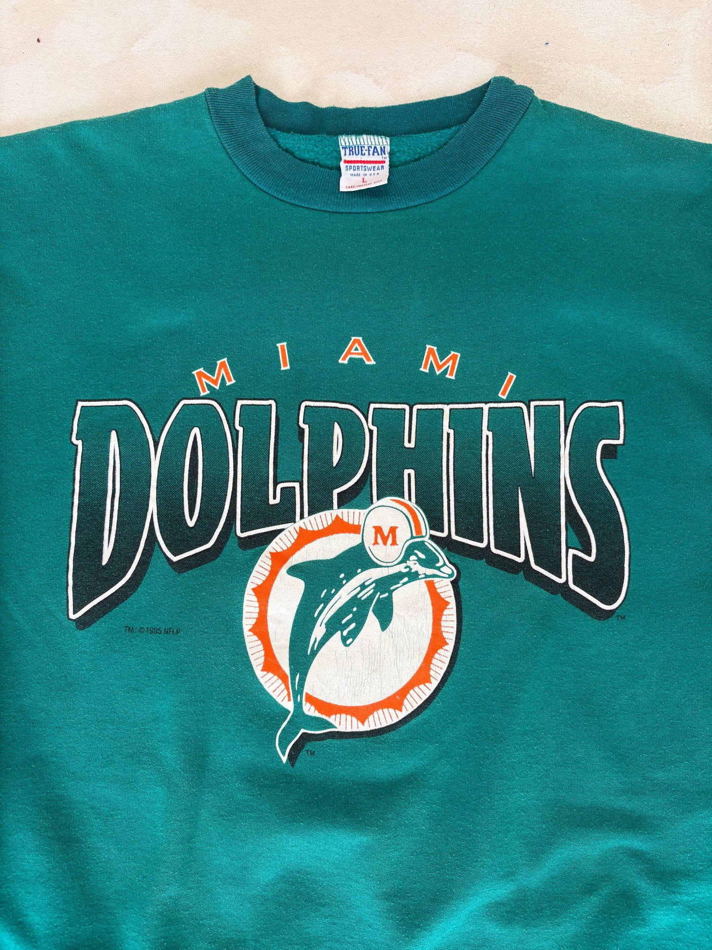 Size L Crew Neck Miami Dolphins 1995 Made in USA By True Fan - USA Vintage Bcn